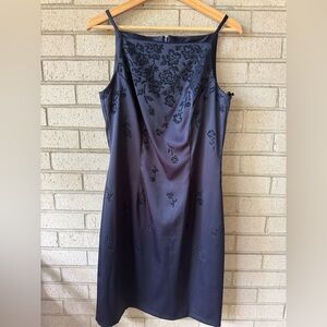 Vintage 90s Navy Beaded Slip Dress Square Neck Satin Mini Y2K Whimsigoth
